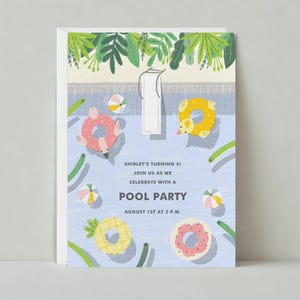 May include: A blue and white pool party invitation with a cartoon illustration of a pool with inflatables, a pineapple, and a donut. The text reads "Shirley's turning 61, Join us as we celebrate with a pool party, August 1st at 3 p.m."