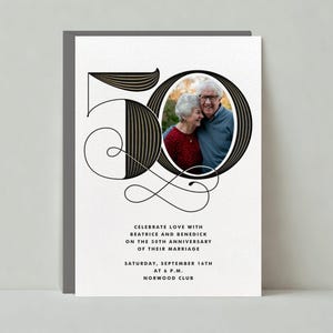 Zaproszenie na przyjęcie rocznicowe | 50., 50., pięćdziesiąte, czarne, złote, retro, zdjęcie | Szablon postu bez papieru do dostosowania | Natychmiastowe pobranie
