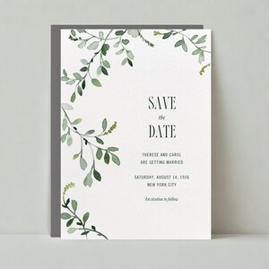 Papierloze post aanpasbare bruiloft-save-the-date-sjabloon | Illustratief, rustiek | Aquarel, groen, bladrand | Direct downloaden