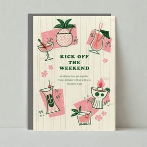 Papierloze post aanpasbare sjabloon voor happy hour-uitnodiging | Illustratief | Ananas, Tiki Bar, Pina Colada | Direct downloaden