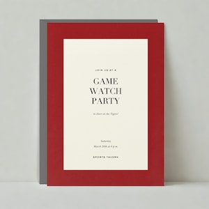 Könnte beinhalten: Rote und graue Einladungskarte mit weißem Text, der lautet: "Schließen Sie sich uns zu einer Game Watch Party an, um die Tigers anzufeuern!" Samstag, 20. März um 18:00 Uhr. Sports Tavern.