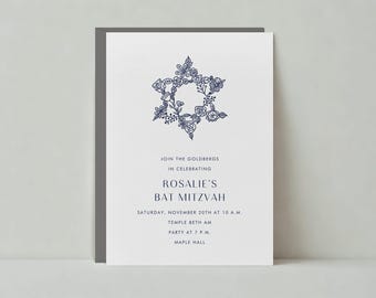 Paperless Post Customizable Bar And Bat Mitzvah Party Invitation Template | Minimal, Star Of David, Floral, Blue | Instant Download