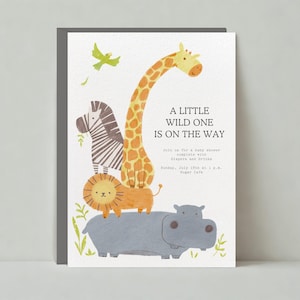 Anpassbare Babypartyeinladungsvorlage | Illustrativ | Giraffe, Nilpferd, Löwe, Zebra, Papagei | Sofortdownload | Papierlose Post