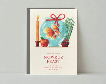 Nowruz Party Invitation | Fish Bowls, Pales, Plants, Grants, Apples, Earth Colors |Paperless Post Customizable Template | Instant Download