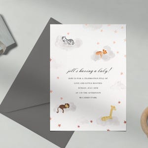Paperless Post Anpassbare Babypartyeinladungsvorlage | Wolken, Aquarell, Schlafende Tiere, Stern, Rosegold | Sofort Download