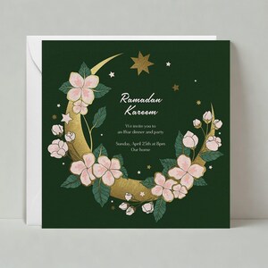 Ramadan And Eid Party Invitation | Crescents, Flowers, Moon, Star, Green, Gold |Paperless Post Customizable Template | Instant Download