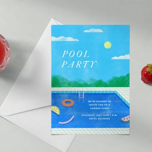 May include: Pool party invitation with a blue pool, a yellow sun, and green trees. The text reads "Pool Party" and "We're pleased to invite you to a summer fling Saturday, July 10th 1 P.M. Hotel Salinger."