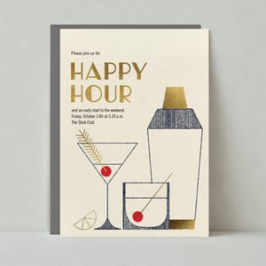 Papierloze post aanpasbare sjabloon voor happy hour-uitnodiging | Grafisch | Cocktailparty, goudfolie, cocktailgarnituur | Direct downloaden