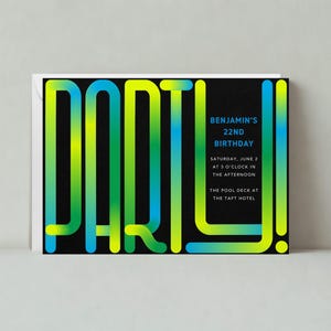 Invitación de cumpleaños / Negrita y tipográfica / Ombre / Plantilla personalizable para publicación sin papel / Descarga instantánea