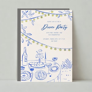 Modèle d'invitation à une fête d'été | Illustration, dîner, décoration de table | Téléchargement instantané, personnalisable | Poste sans papier