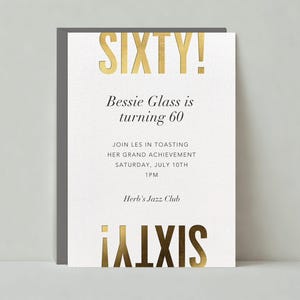 Invitación para fiesta de cumpleaños importante / Diseño tipográfico llamativo / Dorado, años 60 / Plantilla personalizable para publicación sin papel / Descarga instantánea