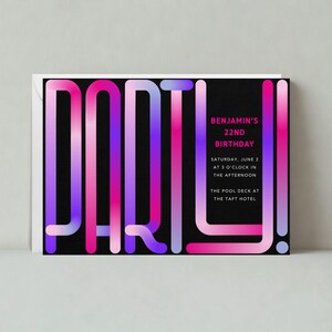 Invitación de cumpleaños / Negrita y tipográfica / Ombre / Plantilla personalizable para publicación sin papel / Descarga instantánea