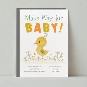 Plantilla de invitación para baby shower personalizable sin papel / Ilustrativa / Pato, lindo, flor, parterres / Descarga instantánea