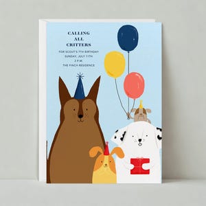 Papierloze post aanpasbare sjabloon voor kinderverjaardagsfeestje | Cadeaus, ballonnen, honden, geschenken, 7e, feestmutsen | Direct downloaden