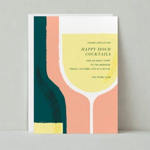 May include: An invitation to a happy hour cocktail event at The Stork Club on Friday, October 13th at 5:30 PM. The invitation features a stylized illustration of a wine glass and bottle in shades of yellow, green, and pink.