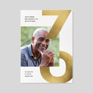 Plantilla de invitación para fiesta de cumpleaños personalizable sin papel / Negrita y tipográfica / Dorada, 70.° aniversario, Foto / Descarga instantánea