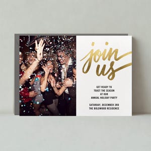 Plantilla personalizable para guardar la fecha de vacaciones sin papel / Negrita y tipográfica / Brillante, dorada, con foto y escritura / Descarga instantánea