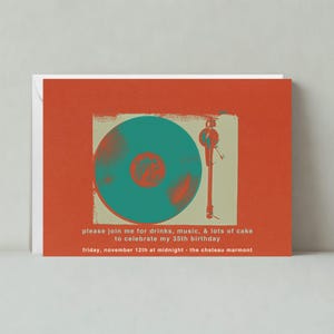Uitnodiging verjaardagsfeestje | Retro | Platen, vinyl, rood, dans en muziek | Aanpasbare sjabloon papierloze post | Direct downloaden