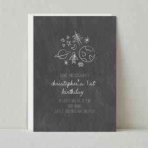 Paperless Post Customizable First Birthday And Baby Party Invitation Template | Kids Birthday, Space, Chalkboard | Instant Download