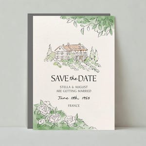 Papierloze post aanpasbare bruiloft-save-the-date-sjabloon | Illustratief | Illustraties, rozenstruik, platteland, Frans | Direct downloaden