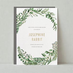 Paperless Post Anpassbare Babypartyeinladungsvorlage | Boho, Illustrativ | Blätter, Lorbeerblätter, Lackiert, Metallic | Sofort Download