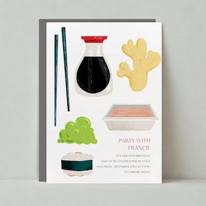 Convite para festa de aniversário infantil | Soja, Wasabi, Chop Sticks, Japão, Comida asiática, Sushi | Modelo personalizável de postagem sem papel | Download instantâneo