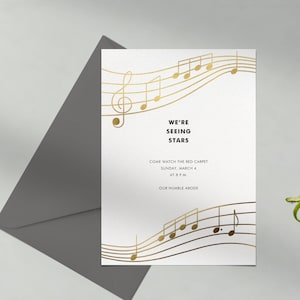 Paperless Post Customizable Viewing Party Invitation Template | Graphic | Music Notes, Sheet Music, Gold, Music | Instant Download