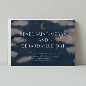 Modelo de convite de casamento personalizável sem papel | Vintage | Nuvens, Lua, Céu, Noite, Estrelas, Azul | Download instantâneo