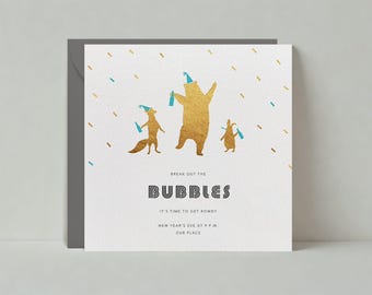 Paperless Post Customizable New Year's Eve Party Invitation Template | Holiday, Beer, Fox, Bunnies, Party Hats, Bears | Instant Download