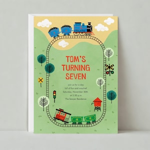May include: A green and yellow train birthday invitation with a blue train and red and yellow train cars. The invitation says "Tom's Turning Seven" and includes the date and time of the party.