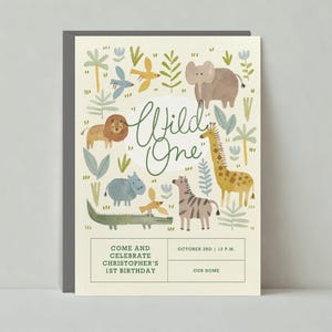 Faire-part pour un premier anniversaire et fête de naissance | Safari, éléphant, girafe | Modèle personnalisable de publication sans papier | Téléchargement instantané