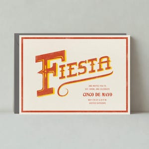 Modello di invito per la festa del Cinco De Mayo personalizzabile senza carta / Rodeo, Fiesta, Vintage, Sbiadito, Rosso, Crema / Download immediato