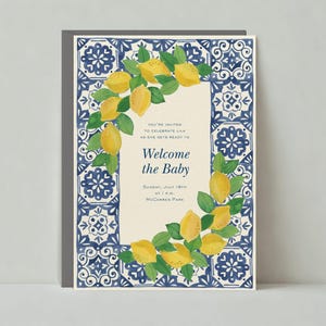 Paperless Post Anpassbare Babypartyeinladungsvorlage | Boho | Bordüre, Kachel, Grün, Fliesendesign, Zitrone, Gelb | Sofort Download