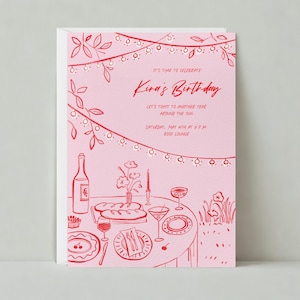 Uitnodiging zomerfeestje | Illustratieve verjaardag | Etentje, tafelopstelling | Aanpasbare sjabloon papierloze post | Direct downloaden