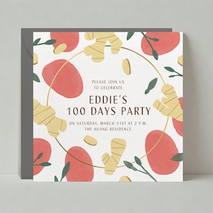 Modèle personnalisable d'invitation de fête de célébration de 100 jours | Baby Shower, feuilles, art, naturel | Téléchargement instantané