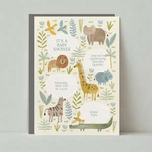 Paperless Post Anpassbare Babypartyeinladungsvorlage | Illustrativ | Safari, Elefant, Giraffe, Dschungel Tiere | Sofort Download