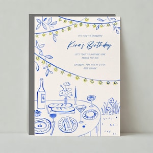 Modello di invito per festa estiva / Compleanno illustrativo / Cena, Impostazioni del tavolo / Download immediato, Personalizzabile / Post senza carta