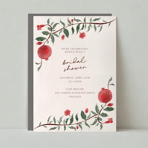 Papierloze post aanpasbare sjabloon voor bruiloften en feestuitnodigingen | Illustratief | Huwelijksdouche, granaatappels | Direct downloaden