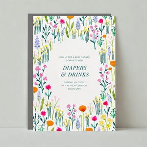 Sjabloon uitnodiging babyshower | Bloeiende bloemen, bloemenillustraties, drankjes en luiers | Directe download, aanpasbaar | Babyshower