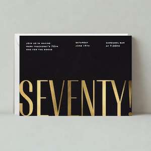 Invitación para fiesta de cumpleaños importante / Diseño tipográfico llamativo / Negro, dorado, 70 / Plantilla personalizable sin papel / Descarga instantánea