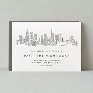 Papierloze post aanpasbare sjabloon voor feestuitnodiging | Modern | Chicago skyline, stad, gebouwen | Direct downloaden