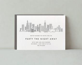 May include: A black and white illustration of the Chicago skyline with the text "We're pleased to invite you to Party the Night Away with new and old friends Saturday, June 2nd at 8 p.m. The Wilson."