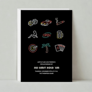 Game Night Party Invitation | Gambling, Car, Green, Yellow, Women, White, Neon Sign |Paperless Post Customizable Template | Instant Download