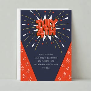 Plantilla de invitación para fiesta del 4 de julio personalizable sin papel / EE. UU., Pow, dibujos animados, formas, boom, rojo, azul / Descarga instantánea