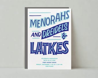 Paperless Post Customizable Hanukkah Party Invitation Template | Bright, Dreidels, Bold, Blue, Typography, Religious | Instant Download