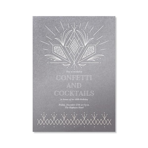 Modelo de convite para festa de aniversário de marcos personalizável sem papel | Prata, Art Déco, Metálico | Download instantâneo