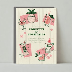 Papierloze post aanpasbare sjabloon uitnodiging verjaardagsfeestje | Illustratief | Ananas, Tiki Bar, Pina Colada | Direct downloaden