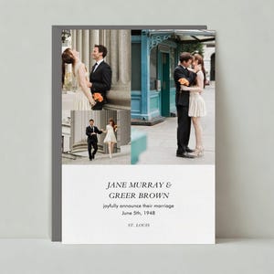 Plantilla de tarjeta de anuncio de boda personalizable sin papel / Foto, Galería, Simple, Blanca, Moderna / Descarga instantánea