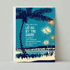 Papierloze post aanpasbare sjabloon uitnodiging afstudeerfeest |  Verjaardag, strand, Hawaï, zand, palmboom, blauw | Direct downloaden
