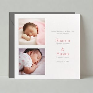 Modello di biglietto di annuncio di nascita personalizzabile Paperless Post / Baby Shower, Foto, Gemelli, Rosa, Foto / Download immediato